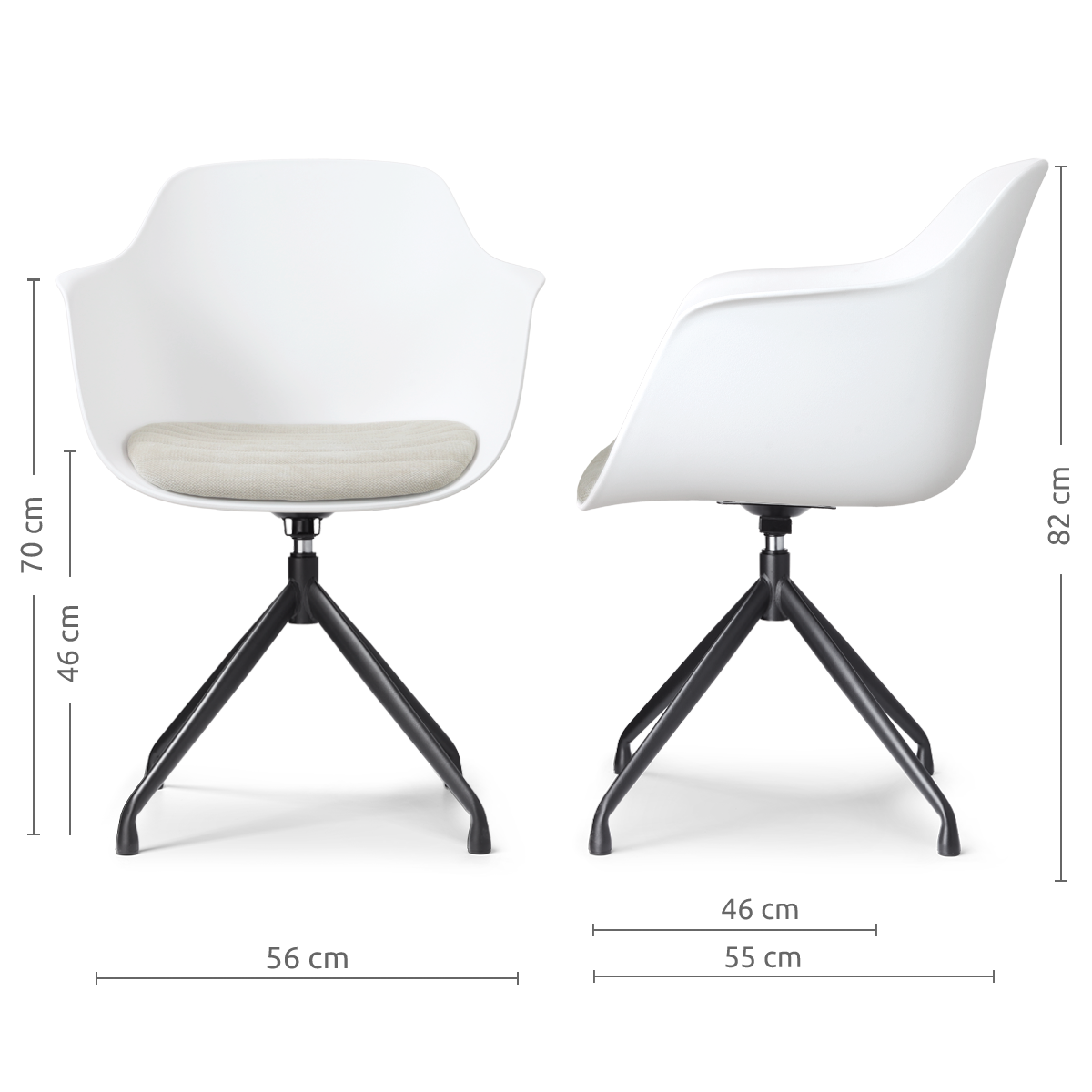 afmetingen van de Nola-Liz draaibare eetkamerstoel wit met naturelbeige zitkussen - zwart onderstel
