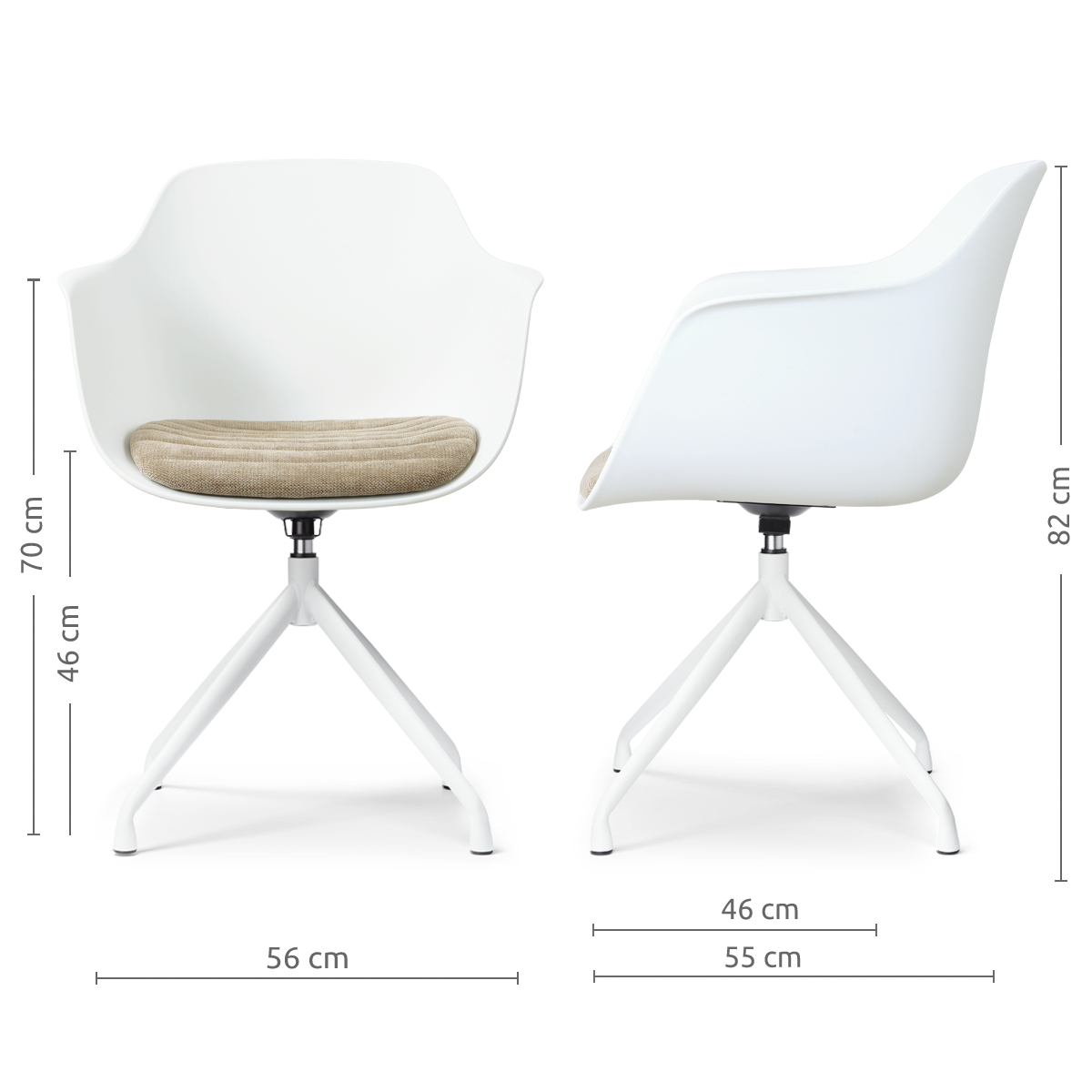 afmetingen van de Nola-Liz draaibare eetkamerstoel wit met nougatbruin zitkussen - wit onderstel