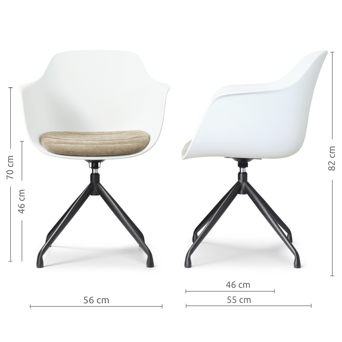 afmetingen van de Nola-Liz draaibare eetkamerstoel wit met nougatbruin zitkussen - zwart onderstel