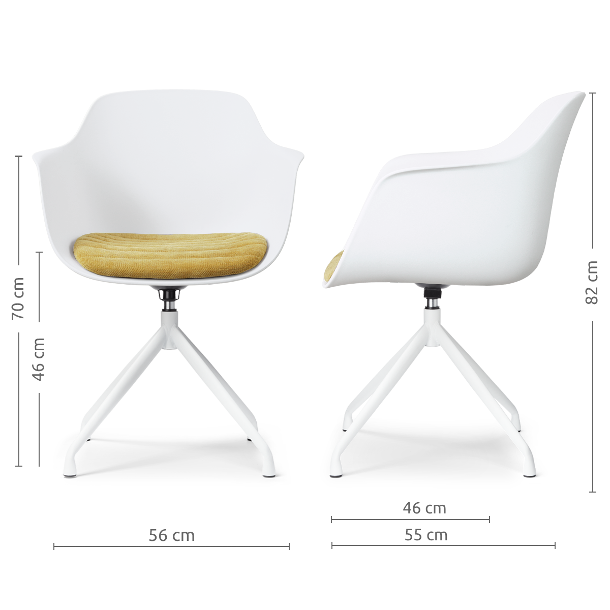 maatvoering van de Nola-Liz draaibare eetkamerstoel wit met warm oker zitkussen - wit onderstel