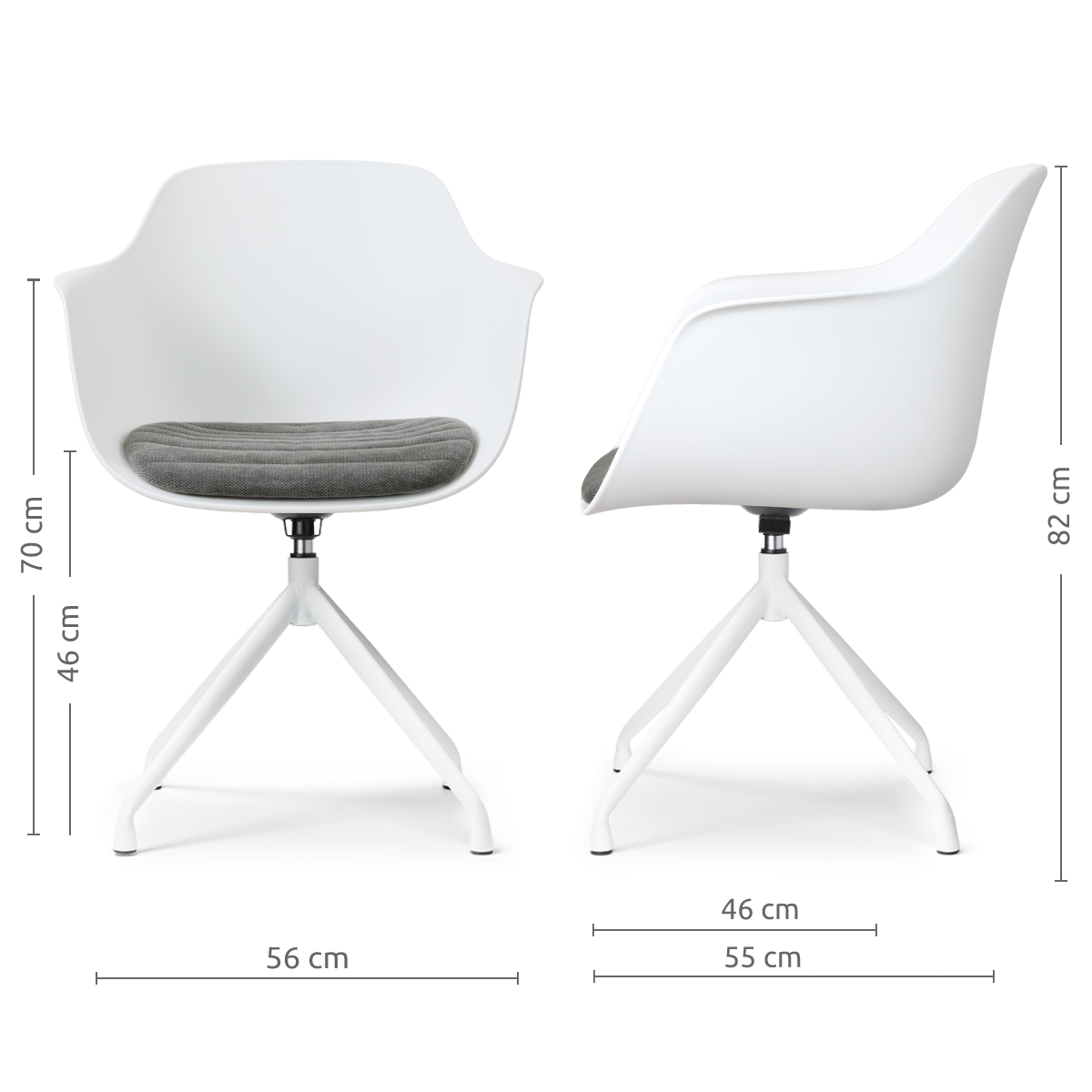 afmetingen van de Nola-Liz draaibare eetkamerstoel wit met zeegrijs zitkussen - wit onderstel
