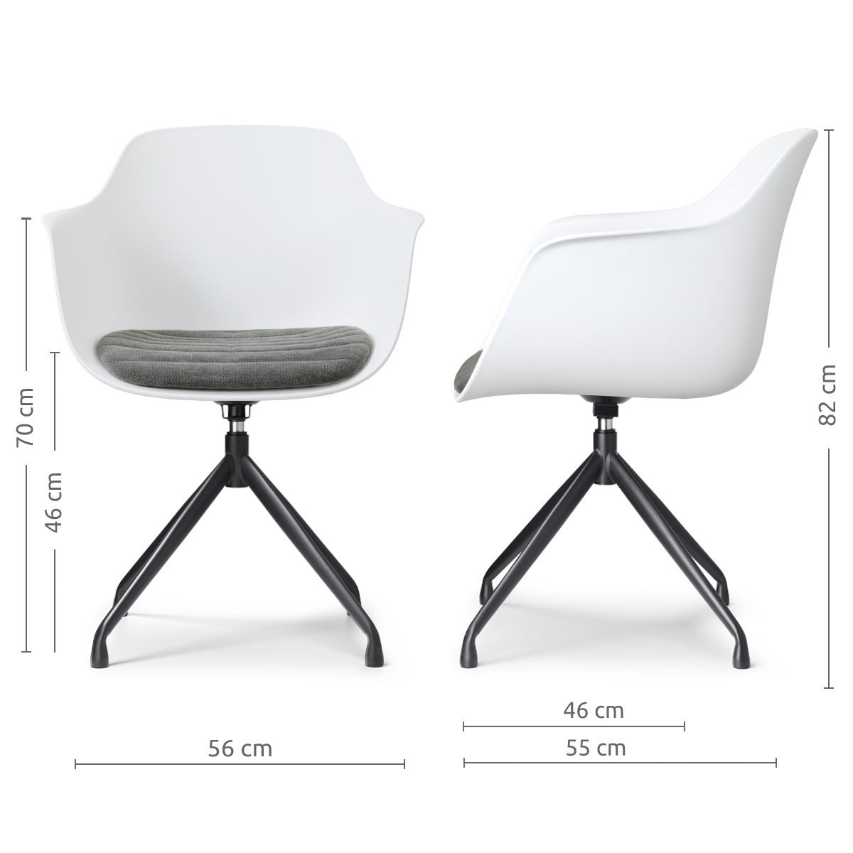 afmetingen van de Nola-Liz draaibare eetkamerstoel wit met zeegrijs zitkussen - zwart onderstel