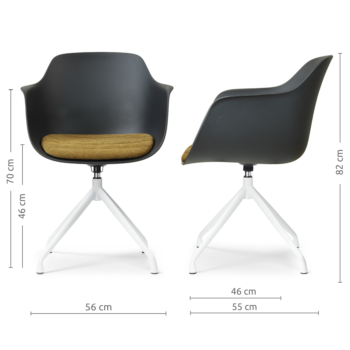 afmetingen van de Nola-Liz draaibare eetkamerstoel zwart met mosgroen zitkussen - wit onderstel