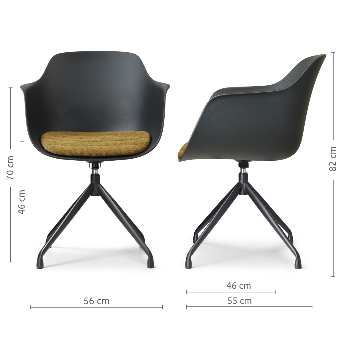 afmetingen van de Nola-Liz draaibare eetkamerstoel zwart met mosgroen zitkussen - zwart onderstel