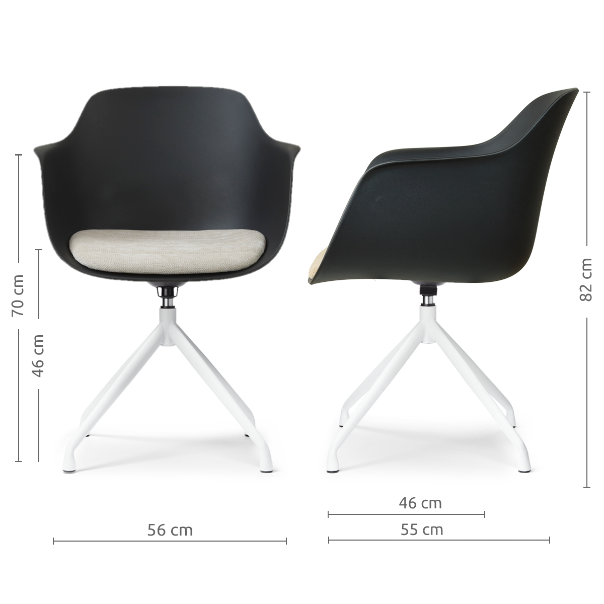 afmetingen van de Nola-Liz draaibare eetkamerstoel zwart met naturelbeige zitkussen - wit onderstel