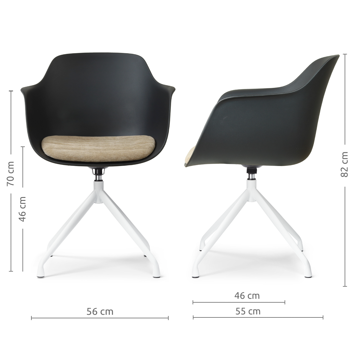 afmetingen van de Nola-Liz draaibare eetkamerstoel zwart met nougatbruin zitkussen - wit onderstel