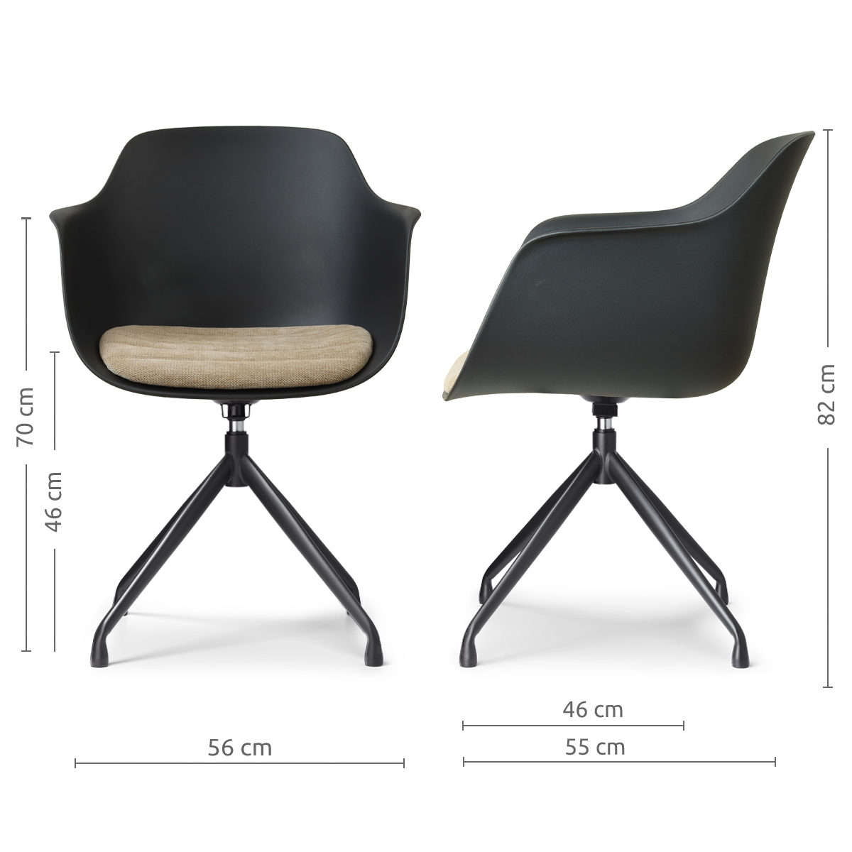 afmetingen van de Nola-Liz draaibare eetkamerstoel zwart met nougatbruin zitkussen - zwart onderstel