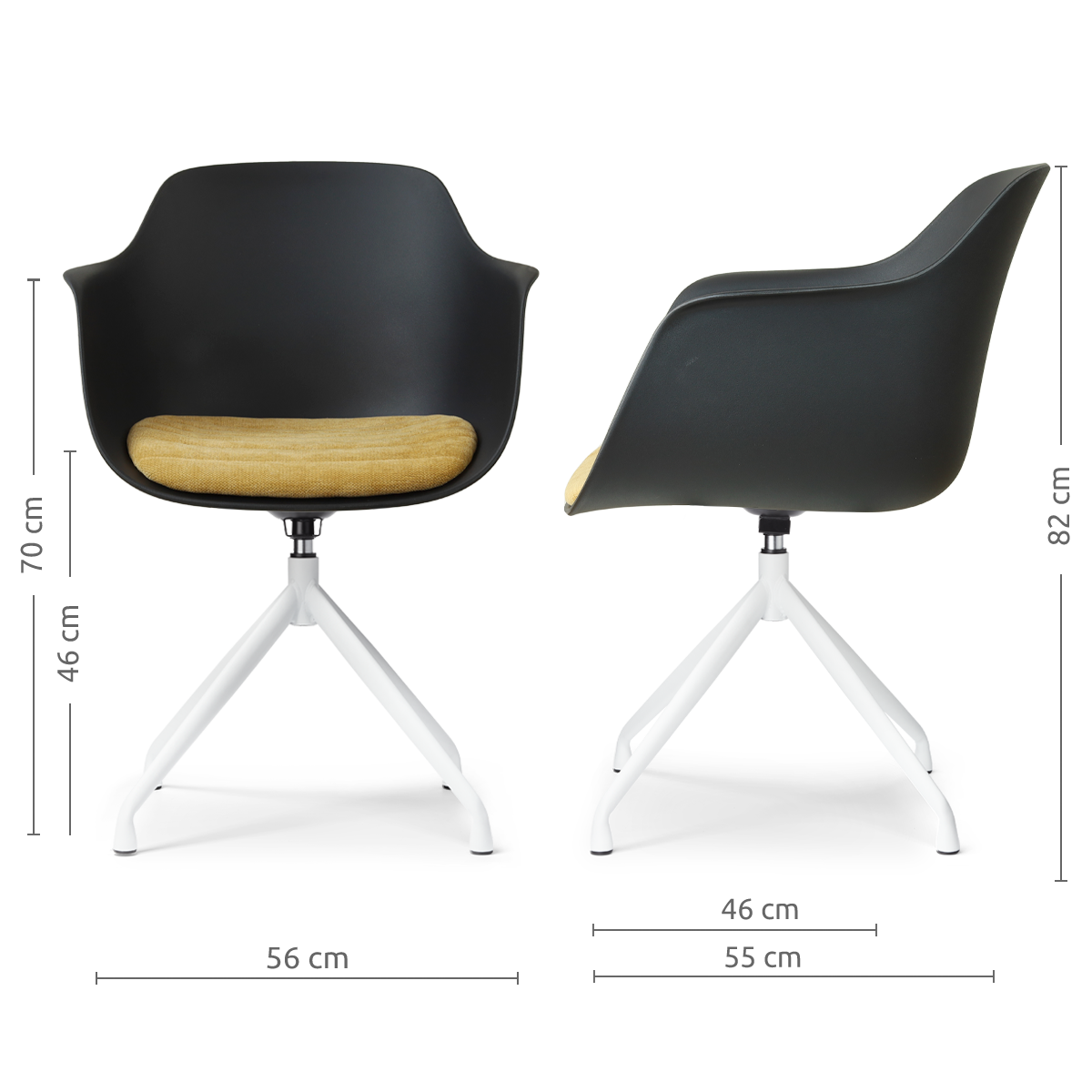 maatvoering van de Nola-Liz draaibare eetkamerstoel zwart met warm oker zitkussen - wit onderstel