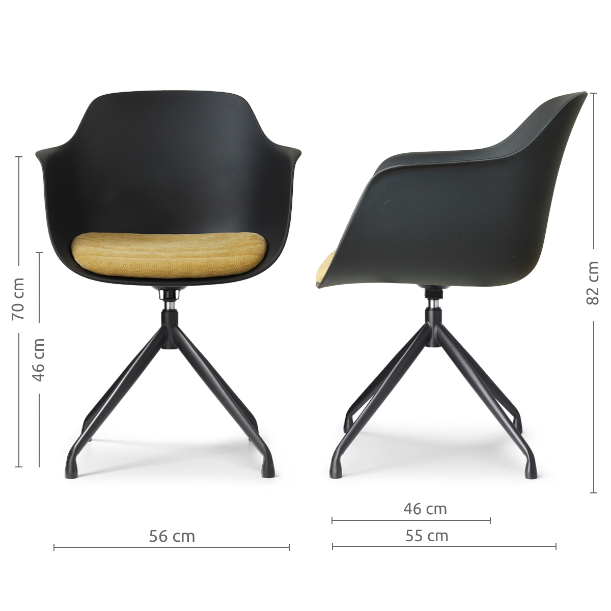 maatvoering van de Nola-Liz draaibare eetkamerstoel zwart met warm oker zitkussen - zwart onderstel