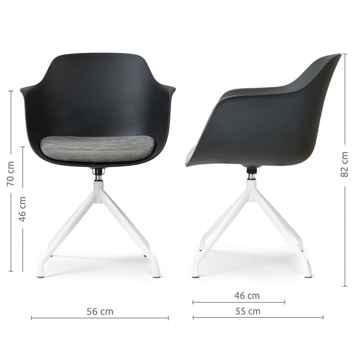 afmetingen van de Nola-Liz draaibare eetkamerstoel zwart met zeegrijs zitkussen - wit onderstel