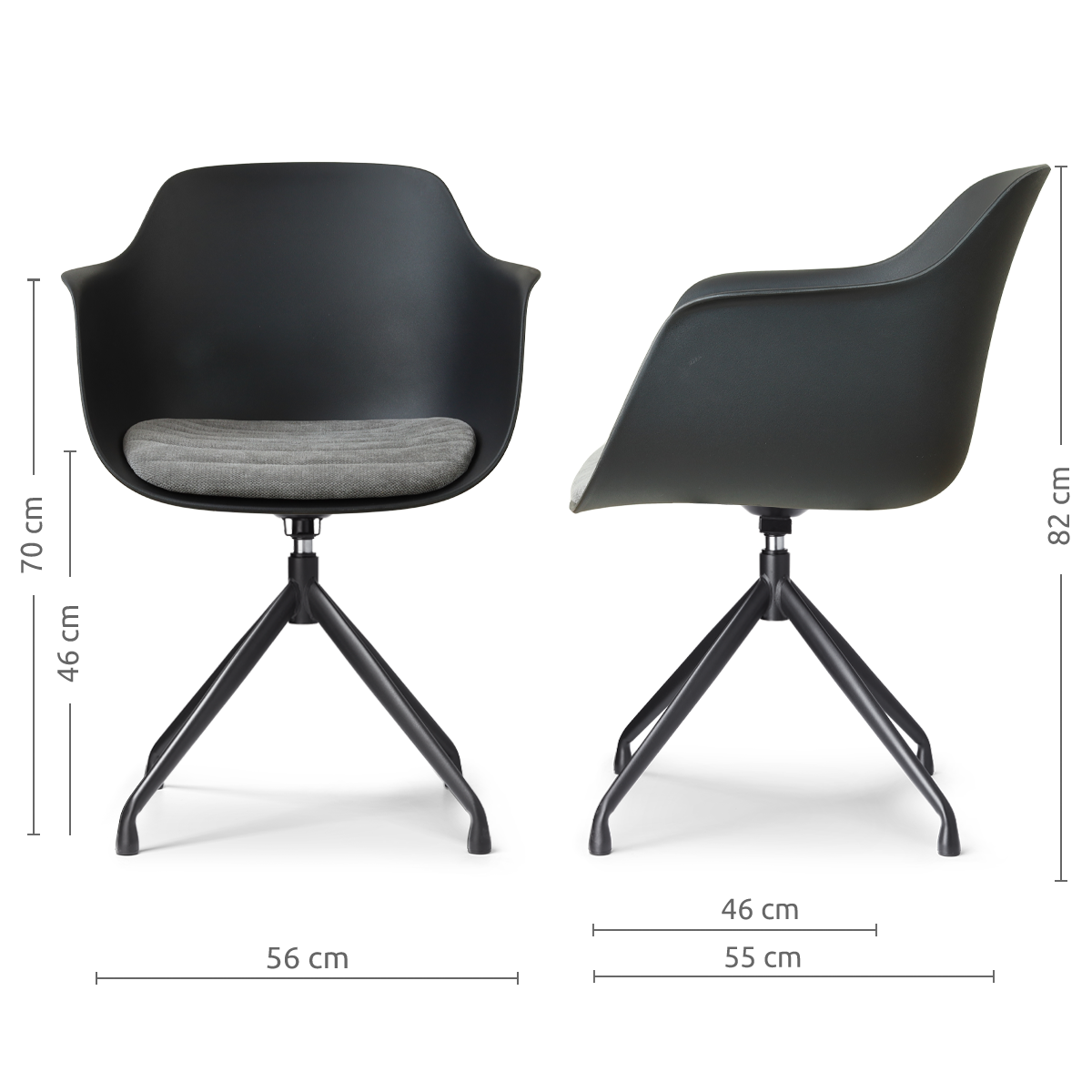 afmetingen van de Nola-Liz draaibare eetkamerstoel zwart met zeegrijs zitkussen - zwart onderstel