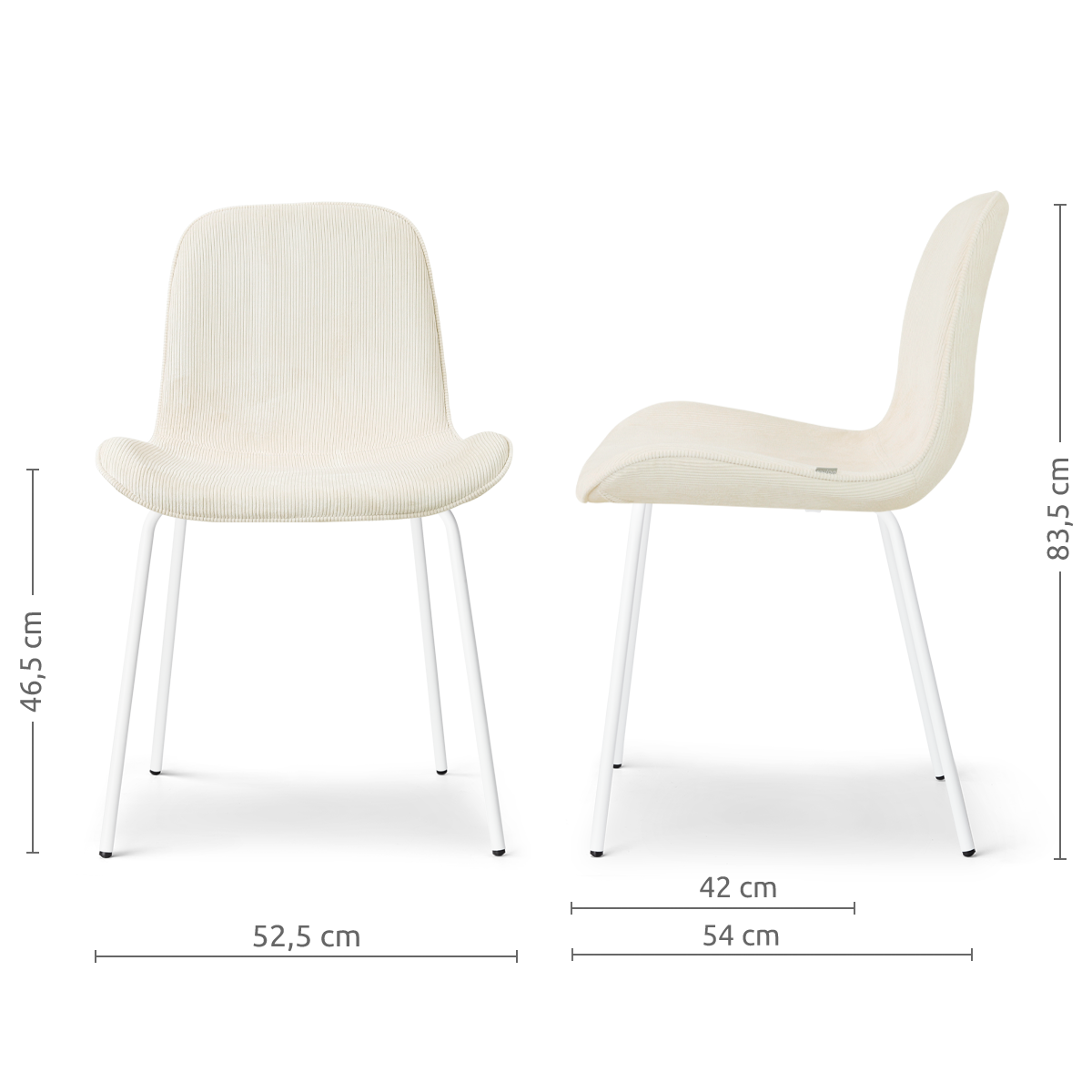 afmetingen van de Nora-Fé eetkamerstoel rib beige - wit onderstel