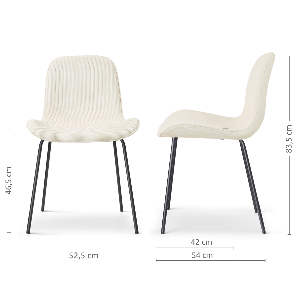 afmetingen van de Nora-Fé eetkamerstoel rib beige - zwart onderstel
