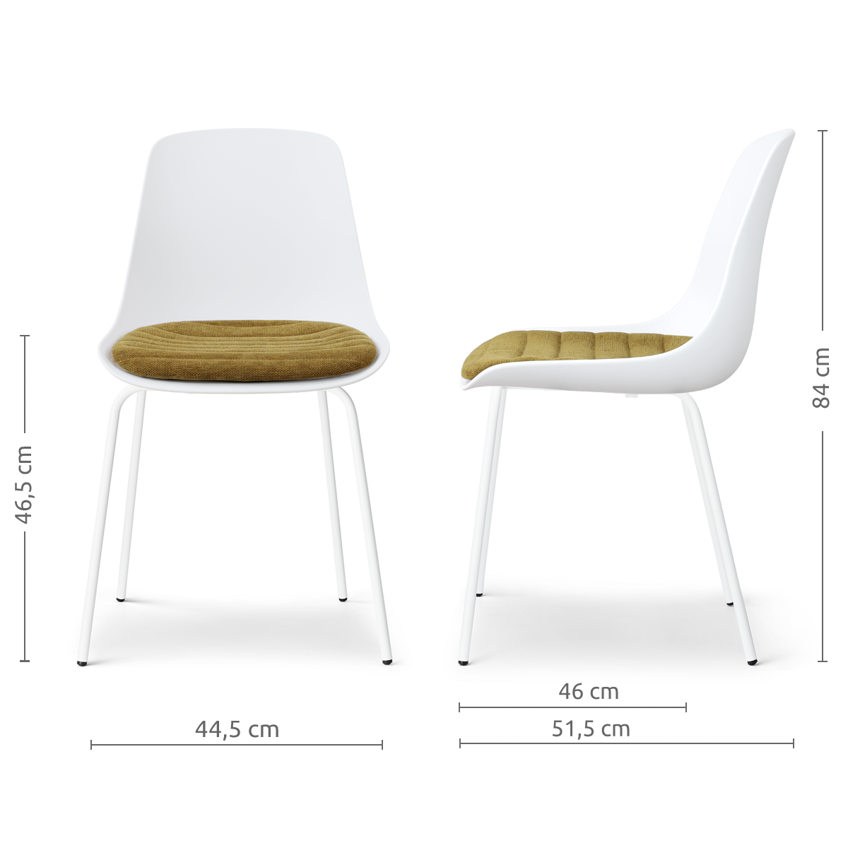 afmetingen van de Nora-Liv eetkamerstoel wit met mosgroen zitkussen - wit onderstel