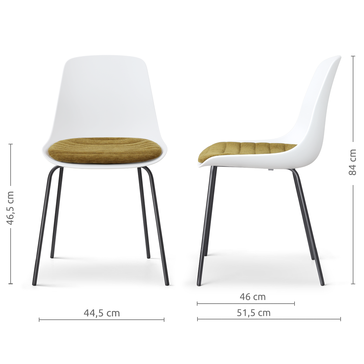 afmetingen van de Nora-Liv eetkamerstoel wit met mosgroen zitkussen - zwart onderstel