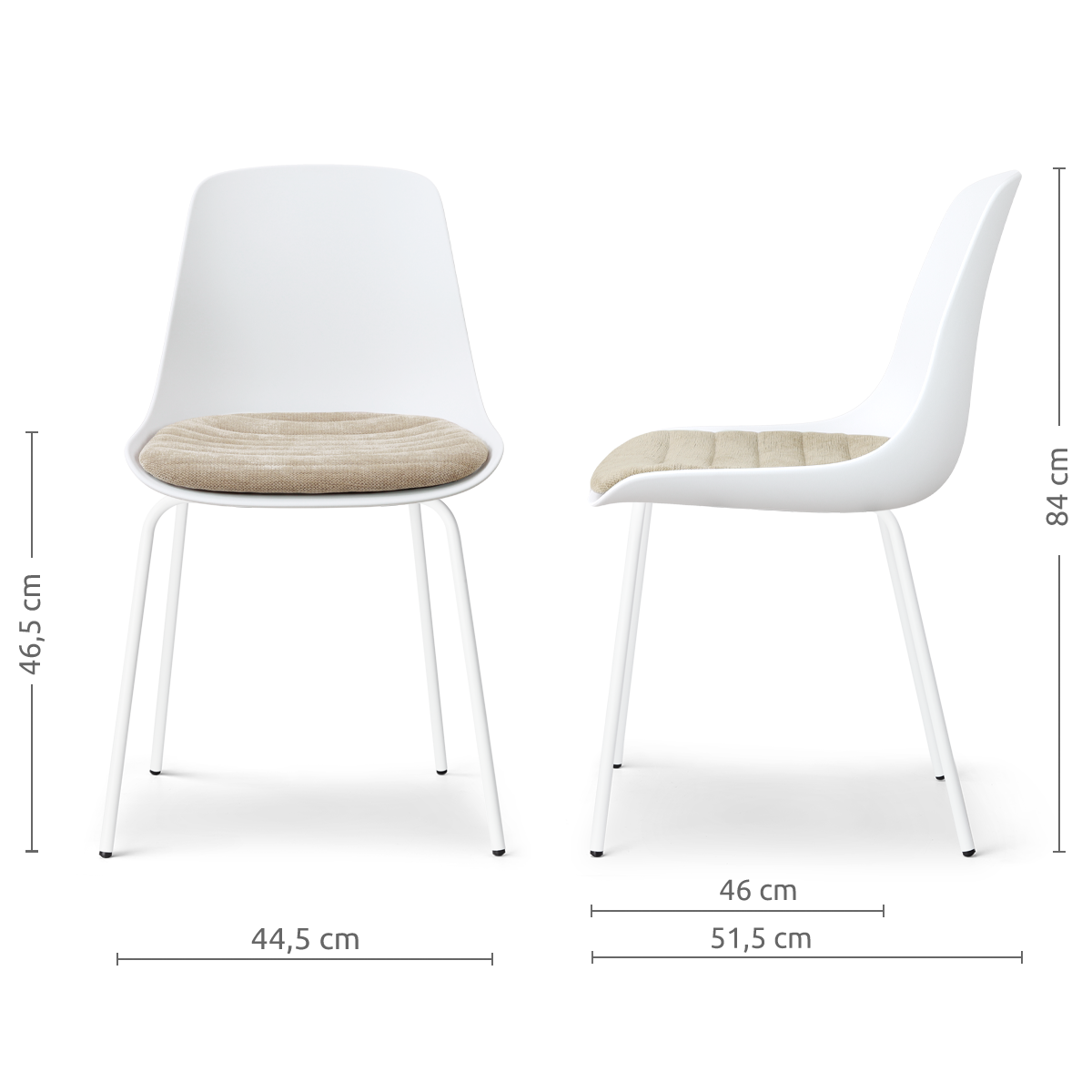 afmetingen van de Nora-Liv eetkamerstoel wit met nougatbruin zitkussen - wit onderstel