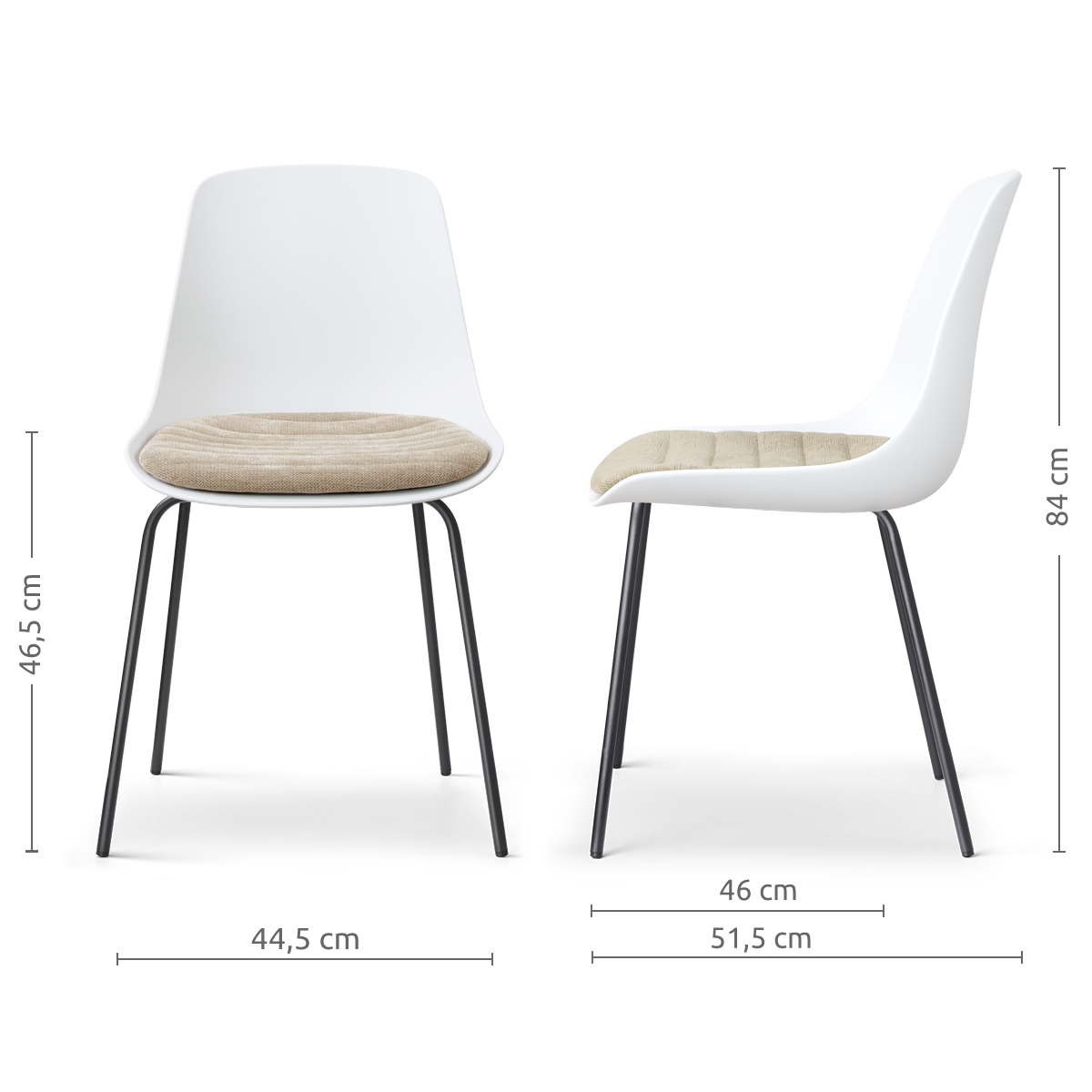 afmetingen van de Nora-Liv eetkamerstoel wit met nougatbruin zitkussen - zwart onderstel