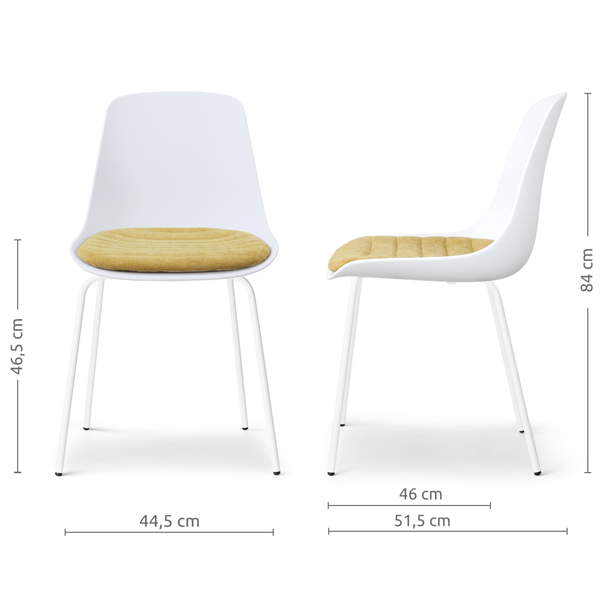 maatvoering van de Nora-Liv eetkamerstoel wit met warm oker zitkussen - wit onderstel