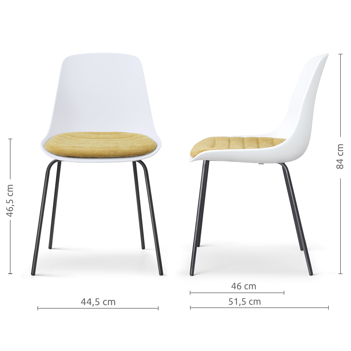 maatvoering van de Nora-Liv eetkamerstoel wit met warm oker zitkussen - zwart onderstel