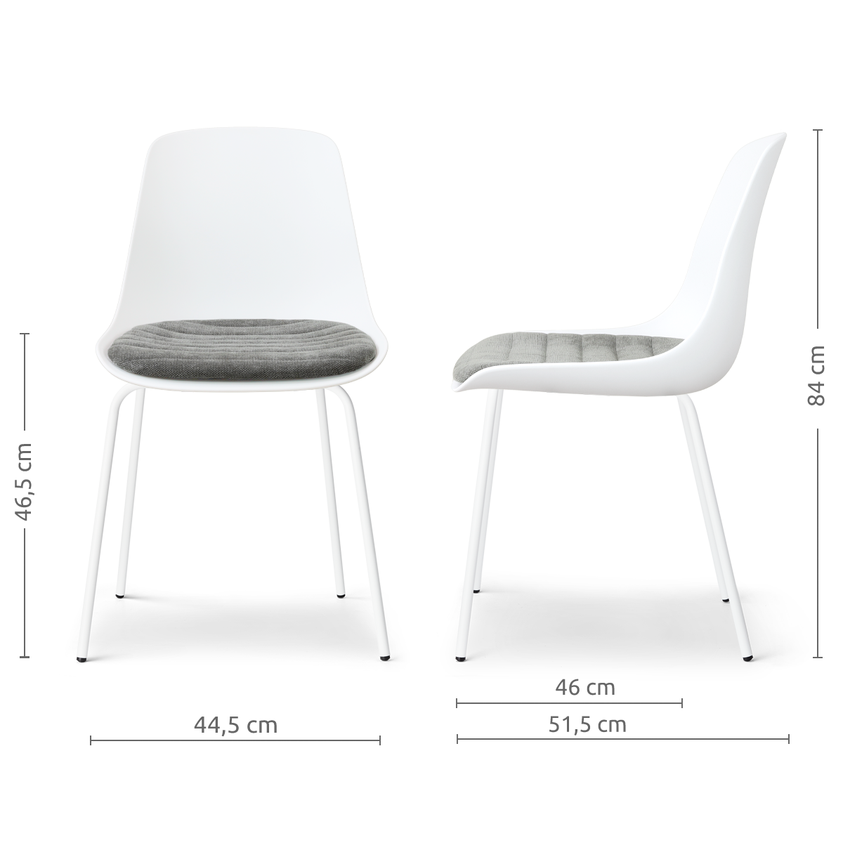 afmetingen van de Nora-Liv eetkamerstoel wit met zeegrijs zitkussen - wit onderstel