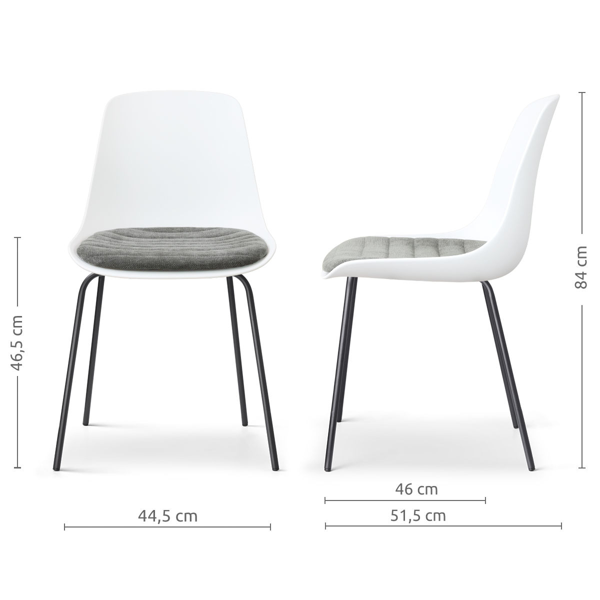 afmetingen van de Nora-Liv eetkamerstoel wit met zeegrijs zitkussen - zwart onderstel