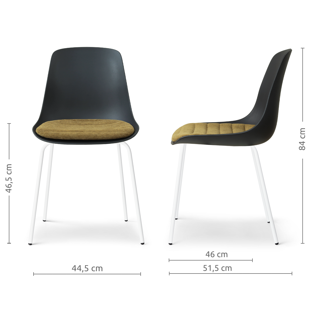 afmetingen van de Nora-Liv eetkamerstoel zwart met mosgroen zitkussen - wit onderstel