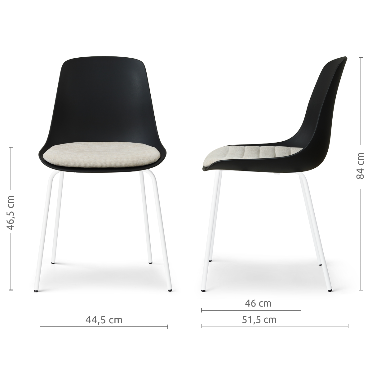 afmetingen van de Nora-Liv eetkamerstoel zwart met naturelbeige zitkussen - wit onderstel