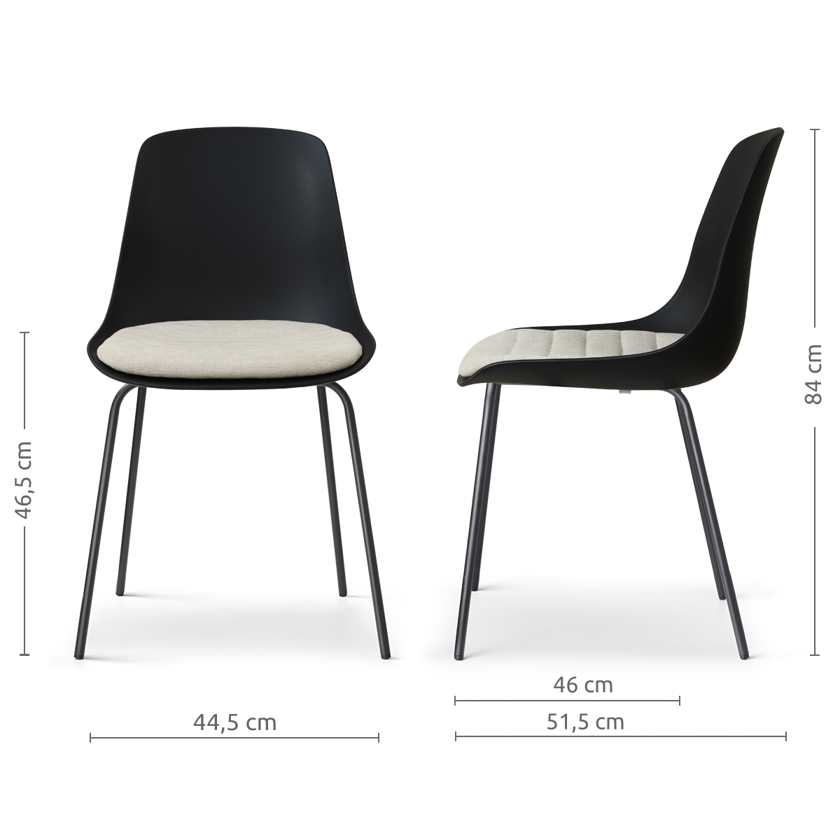 afmetingen van de Nora-Liv eetkamerstoel zwart met naturelbeige zitkussen - zwart onderstel