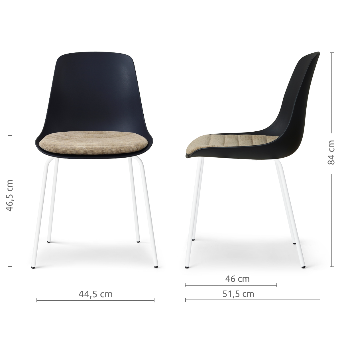 afmetingen van de Nora-Liv eetkamerstoel zwart met nougatbruin zitkussen - wit onderstel