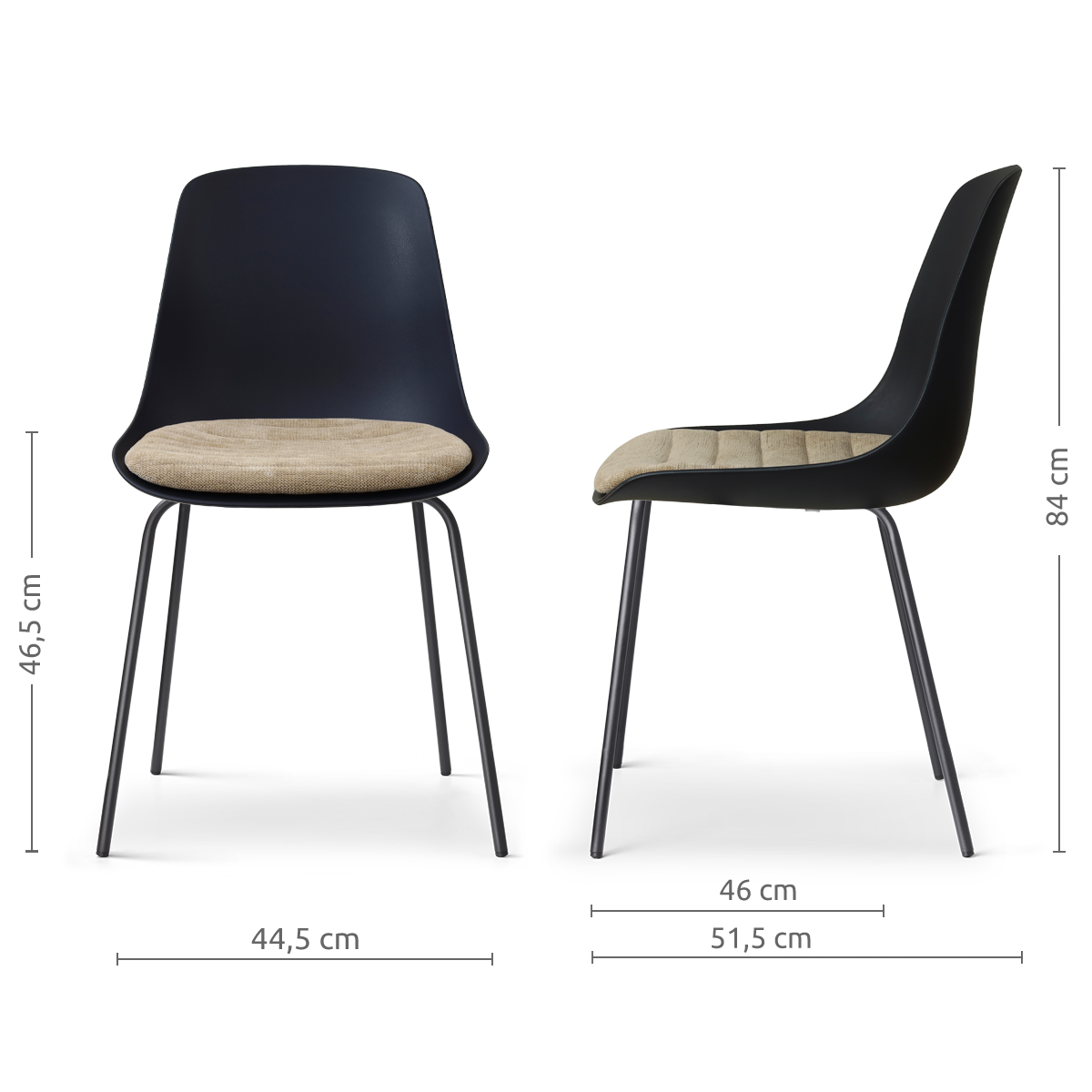 afmetingen van de Nora-Liv eetkamerstoel zwart met nougatbruin zitkussen - zwart onderstel