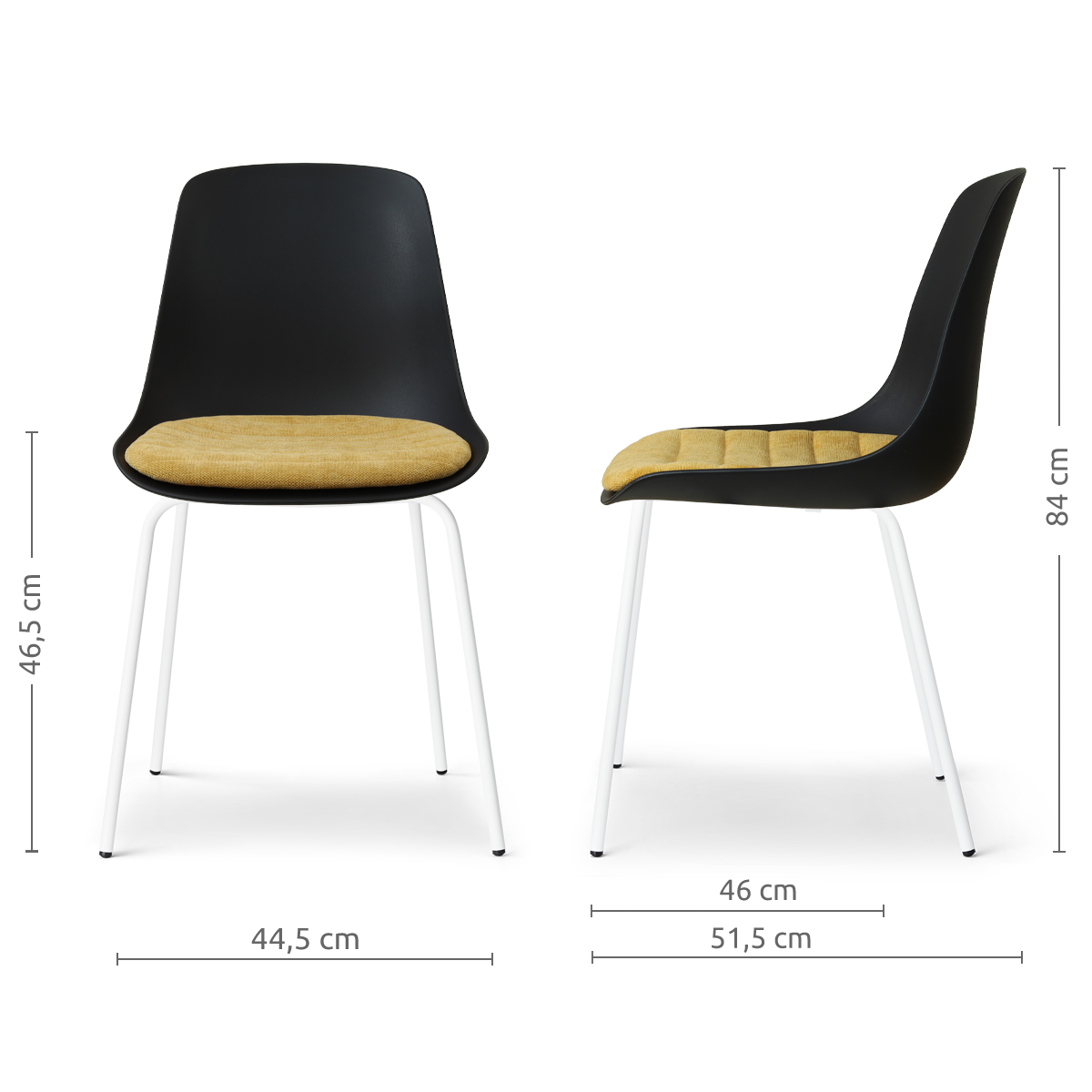 maatvoering van de Nora-Liv eetkamerstoel zwart met warm oker zitkussen - wit onderstel