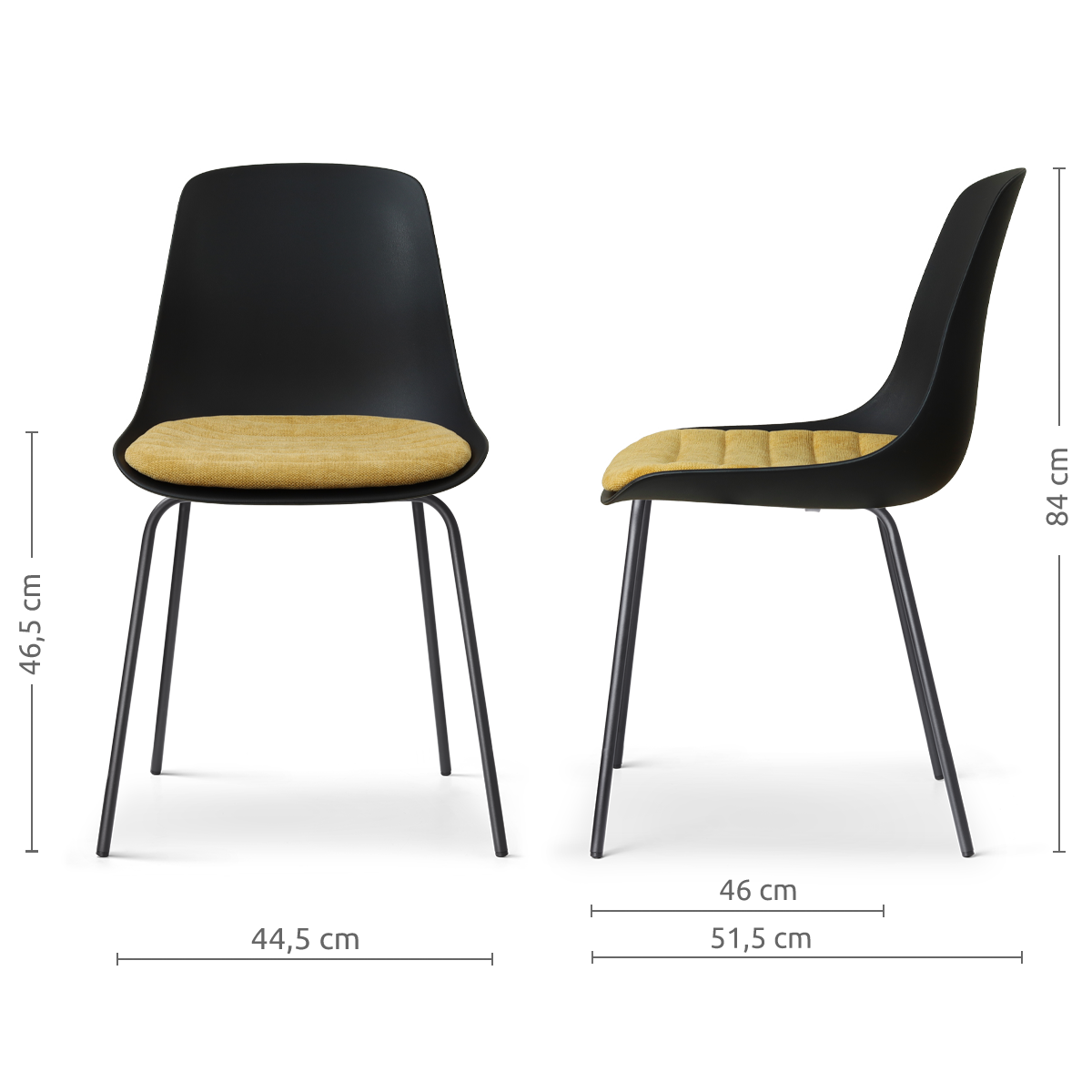 maatvoering van de Nora-Liv eetkamerstoel zwart met warm oker zitkussen - zwart onderstel