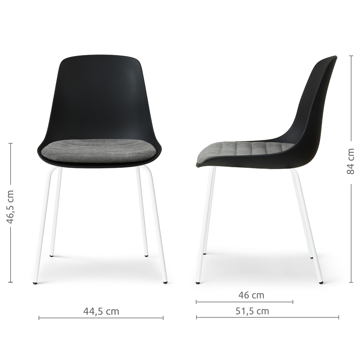 afmetingen van de Nora-Liv eetkamerstoel zwart met zeegrijs zitkussen - wit onderstel