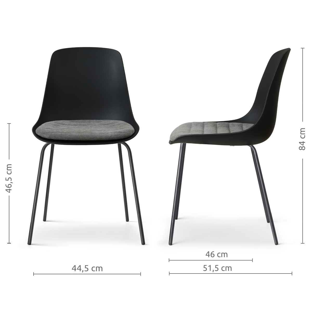afmetingen van de Nora-Liv eetkamerstoel zwart met zeegrijs zitkussen - zwart onderstel