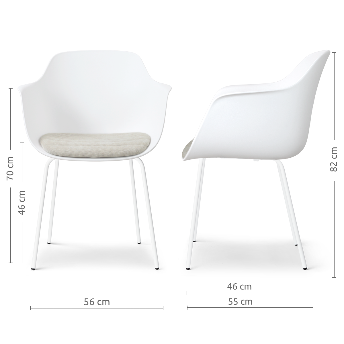 afmetingen van de Nora-Liz eetkamerstoel wit met naturelbeige zitkussen - wit onderstel
