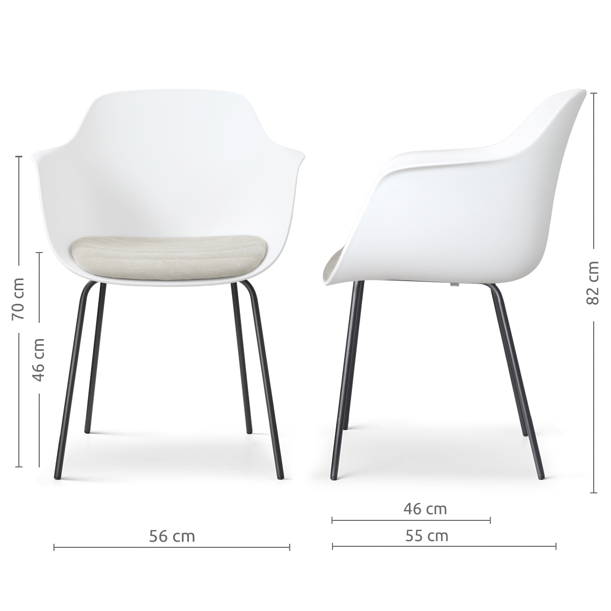 afmetingen van de Nora-Liz eetkamerstoel wit met naturelbeige zitkussen - zwart onderstel