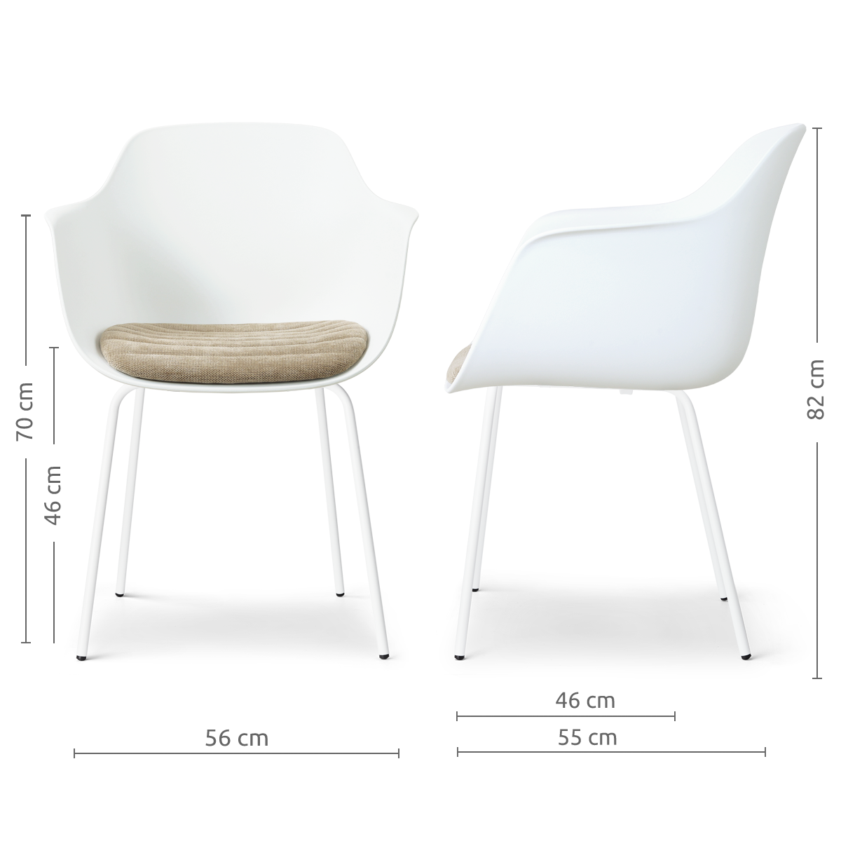 afmetingen van de Nora-Liz eetkamerstoel wit met nougatbruin zitkussen - wit onderstel