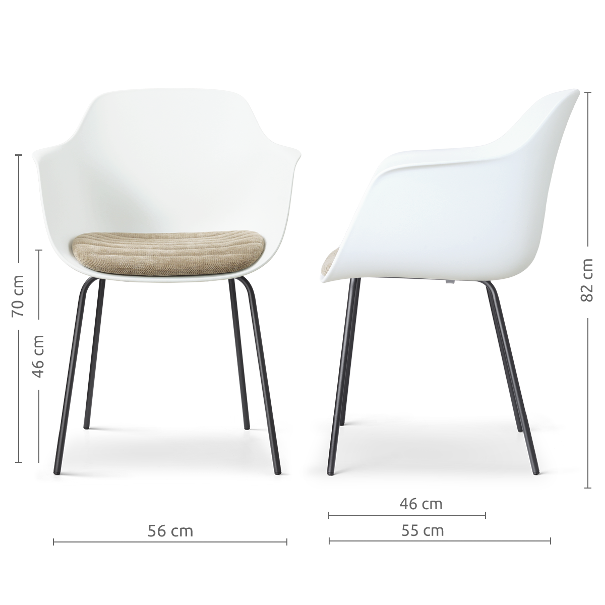 afmetingen van de Nora-Liz eetkamerstoel wit met nougatbruin zitkussen - zwart onderstel