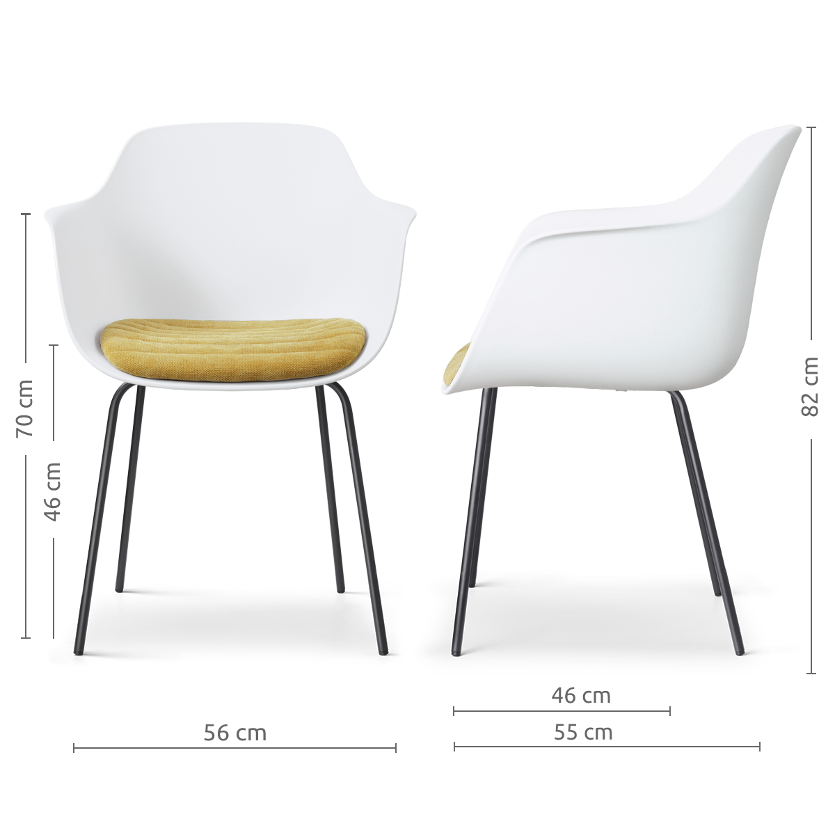 maatvoering van de Nora-Liz eetkamerstoel wit met warm oker zitkussen - zwart onderstel