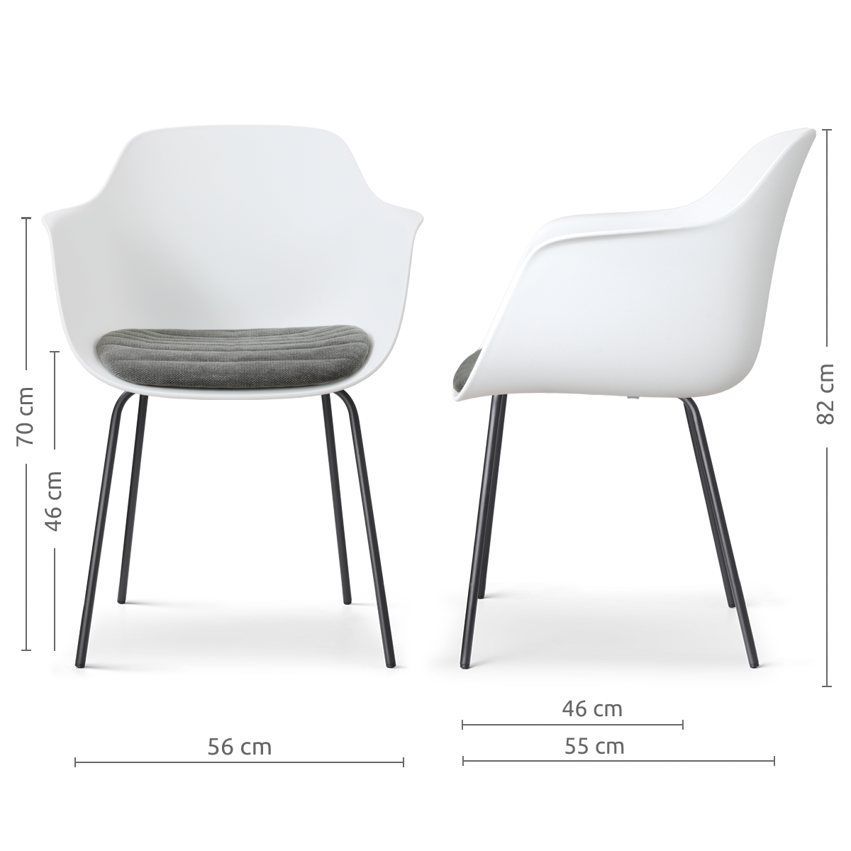 afmetingen van de Nora-Liz eetkamerstoel wit met zeegrijs zitkussen - zwart onderstel