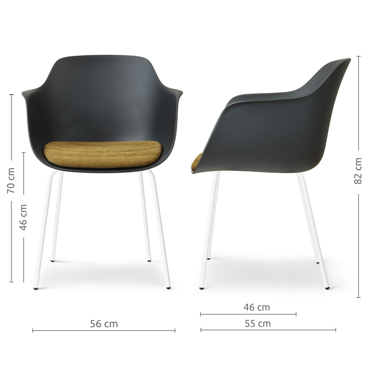 afmetingen van de Nora-Liz eetkamerstoel zwart met mosgroen zitkussen - wit onderstel