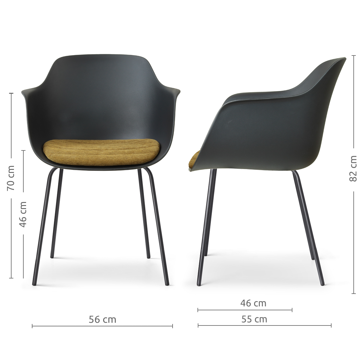 afmetingen van de Nora-Liz eetkamerstoel zwart met mosgroen zitkussen - zwart onderstel