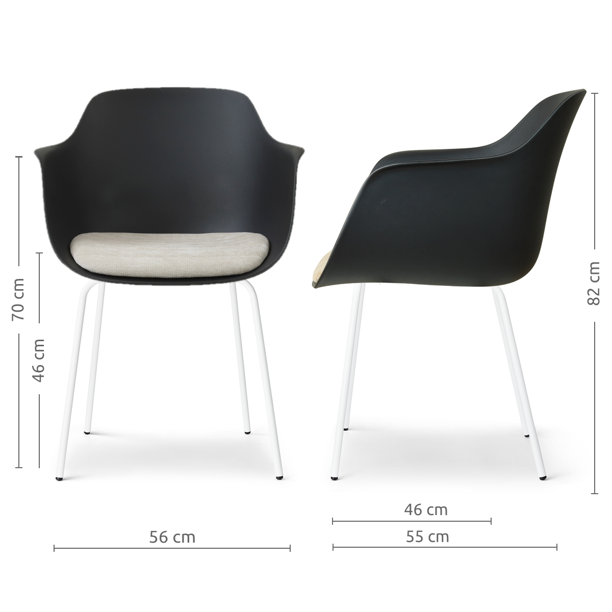 afmetingen van de Nora-Liz eetkamerstoel zwart met naturelbeige zitkussen - wit onderstel
