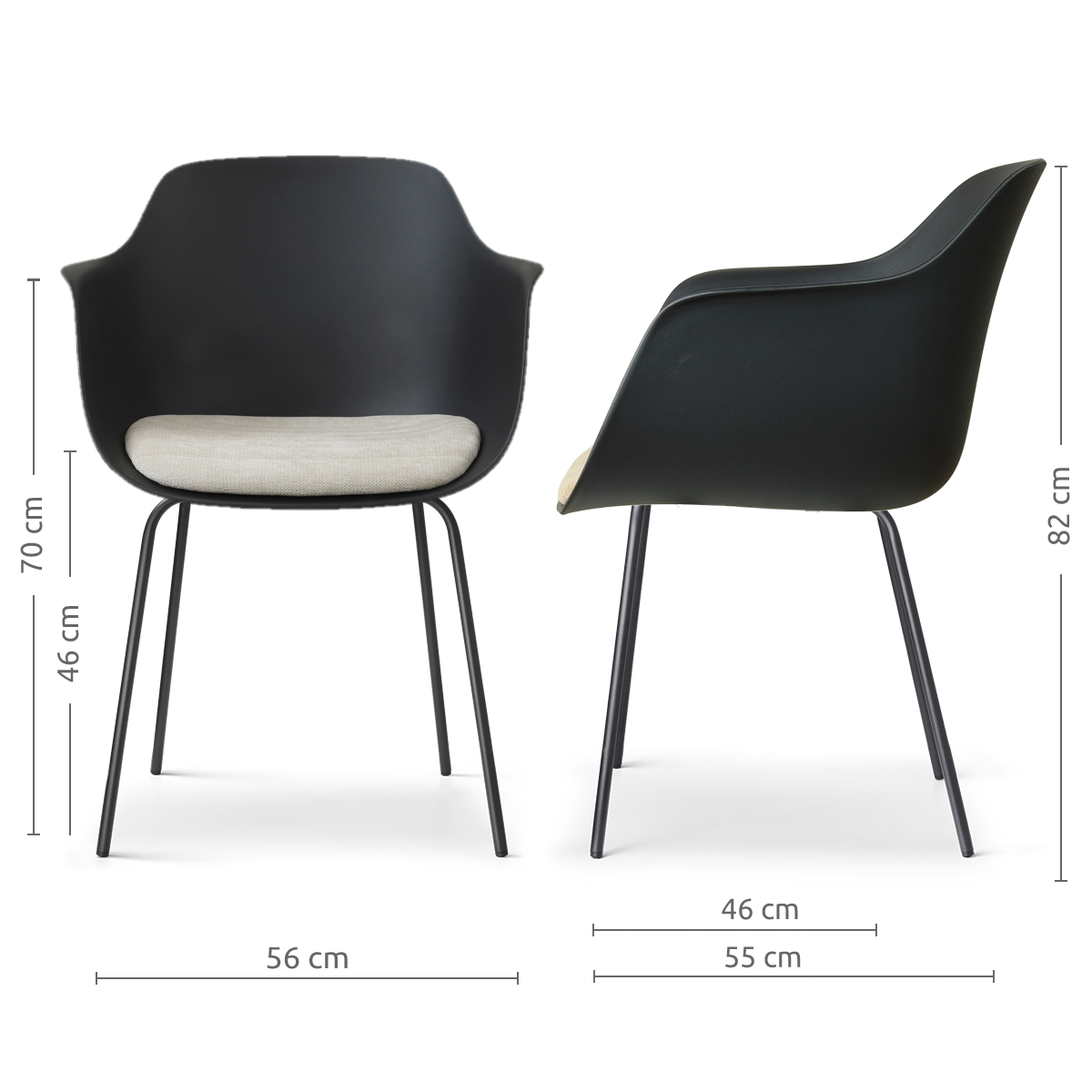 afmetingen van de Nora-Liz eetkamerstoel zwart met naturelbeige zitkussen - zwart onderstel
