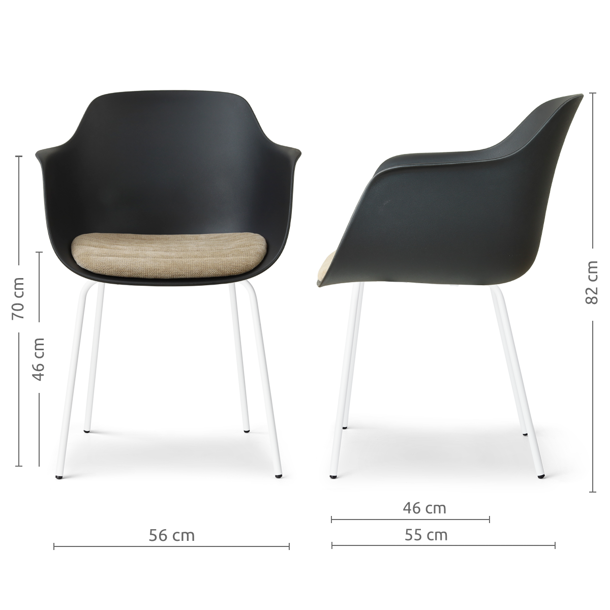 afmetingen van de Nora-Liz eetkamerstoel zwart met nougatbruin zitkussen - wit onderstel