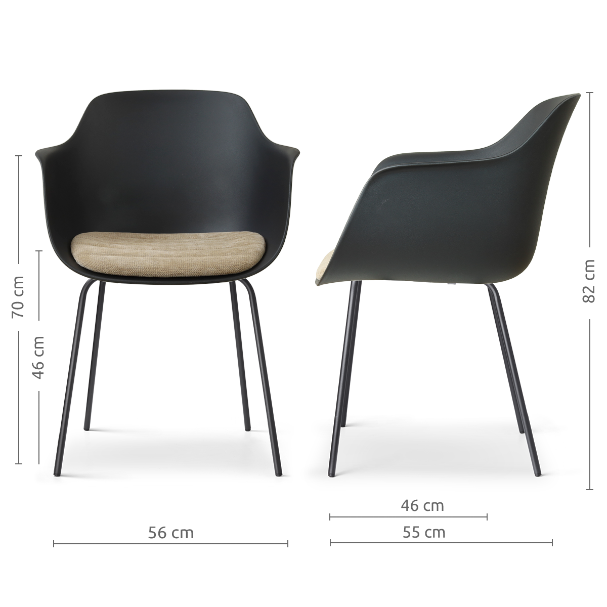 afmetingen van de Nora-Liz eetkamerstoel zwart met nougatbruin zitkussen - zwart onderstel