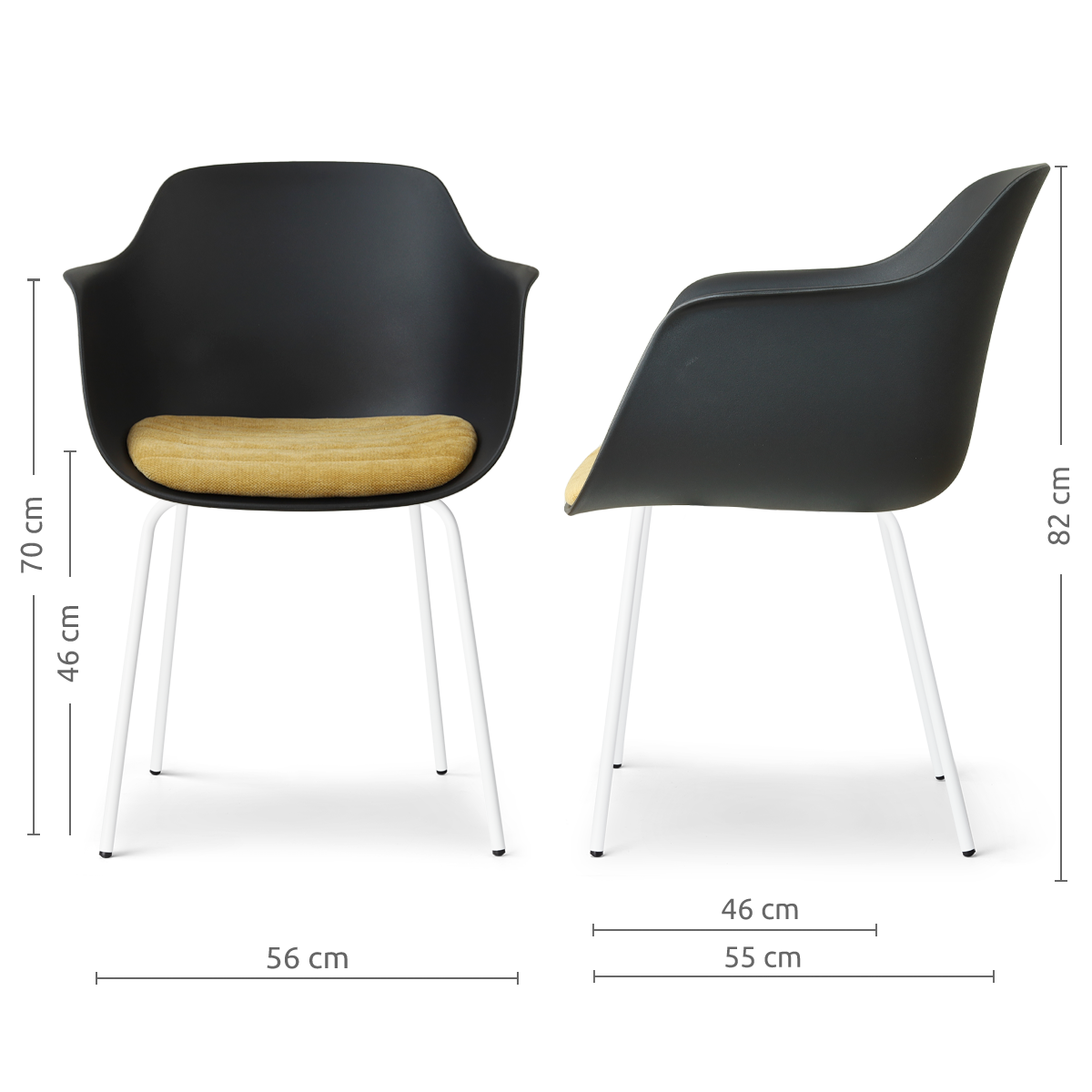 maatvoering van de Nora-Liz eetkamerstoel zwart met warm oker zitkussen - wit onderstel