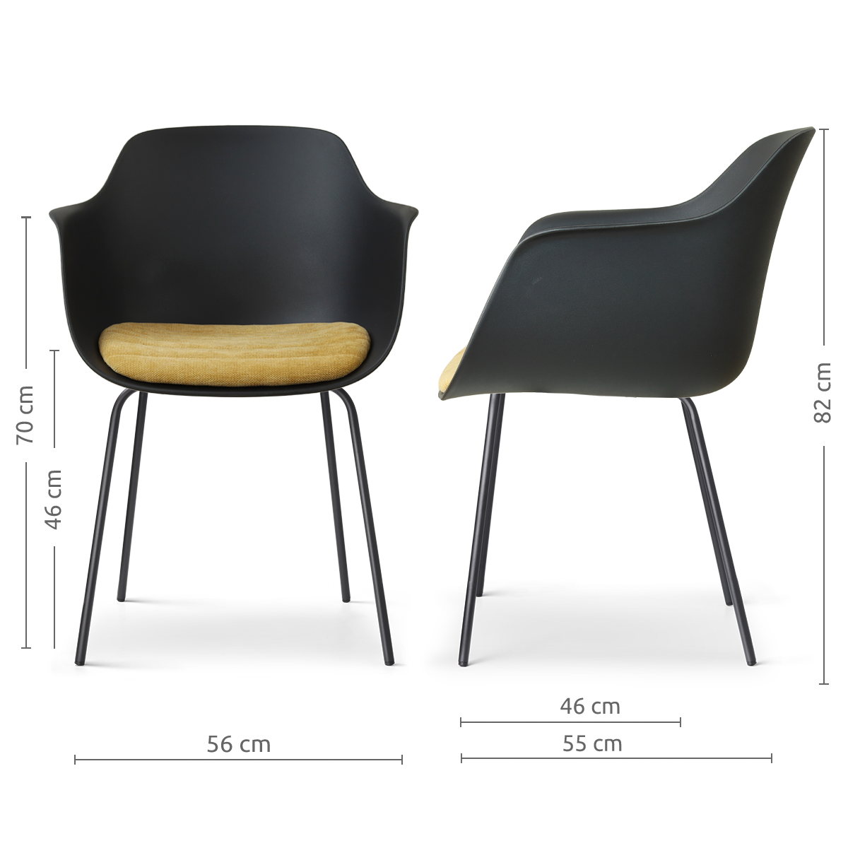 maatvoering van de Nora-Liz eetkamerstoel zwart met warm oker zitkussen - zwart onderstel