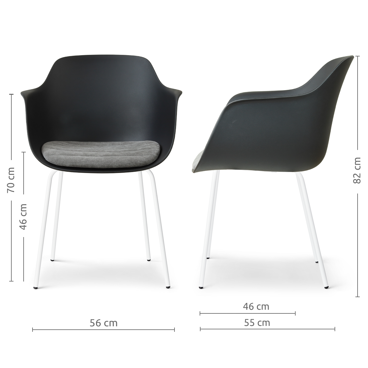 afmetingen van de Nora-Liz eetkamerstoel zwart met zeegrijs zitkussen - wit onderstel