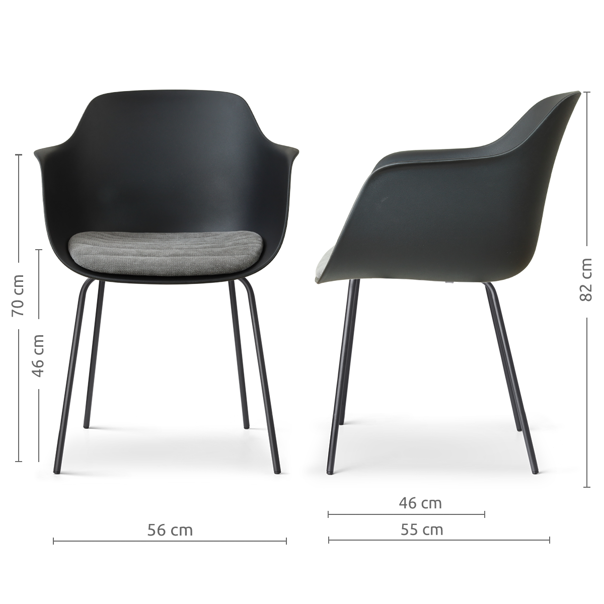 afmetingen van de Nora-Liz eetkamerstoel zwart met zeegrijs zitkussen - zwart onderstel